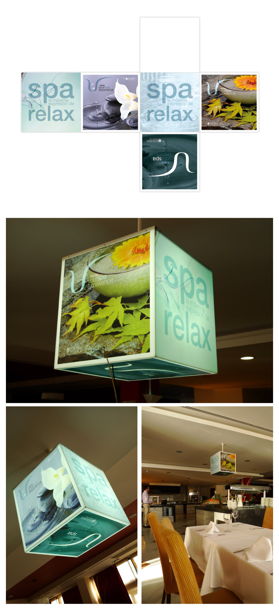 Cubo luminoso para promocionar el SPA en los restaurantes de os hoteles Barceló. Diseño Karlos Kaplan